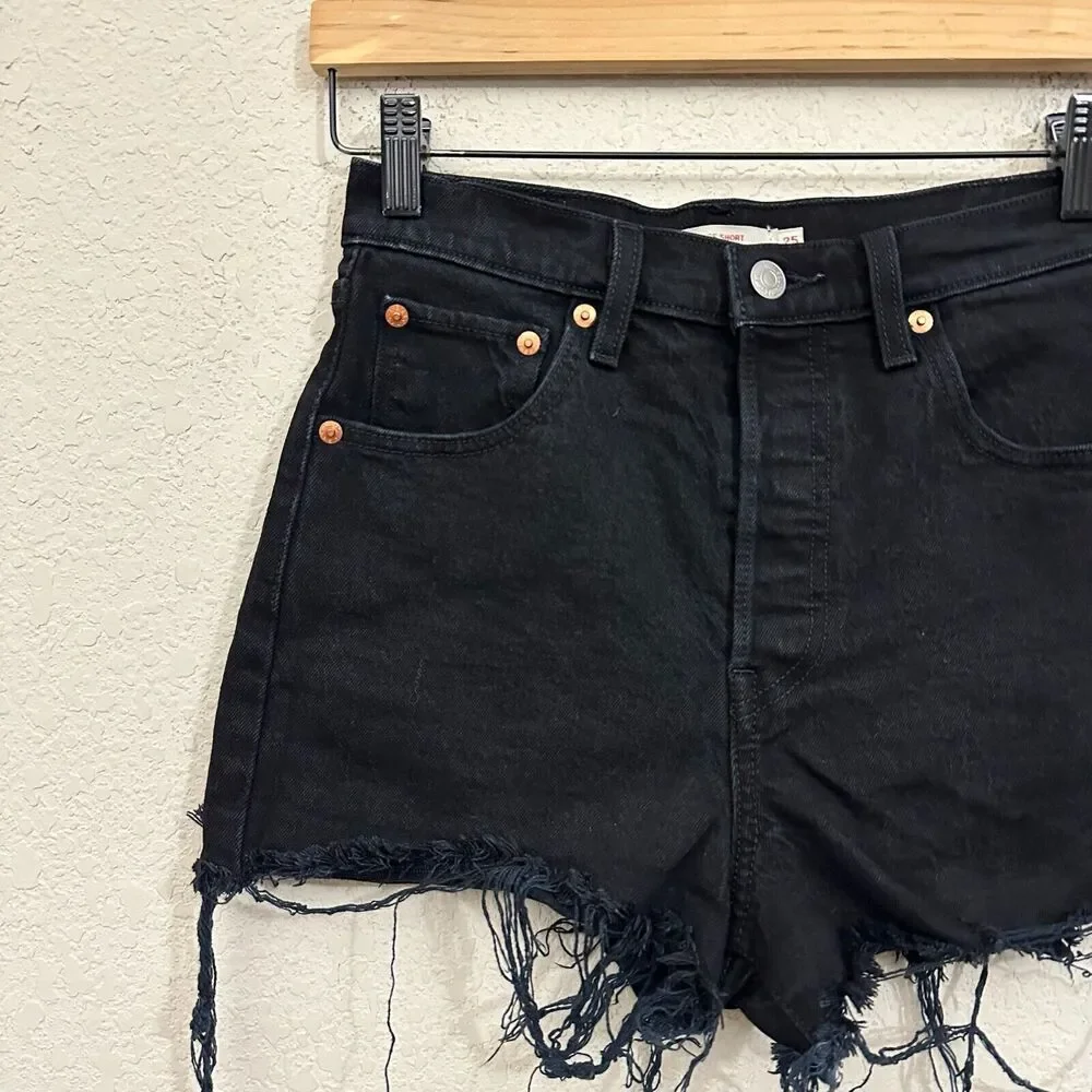 LEVI'S Ribcage Shorts Black Denim High Rise Cut Off Frayed Gothic